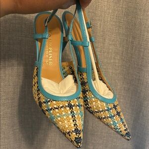 Donald J. Pliner Blue and Tan Woven Heels